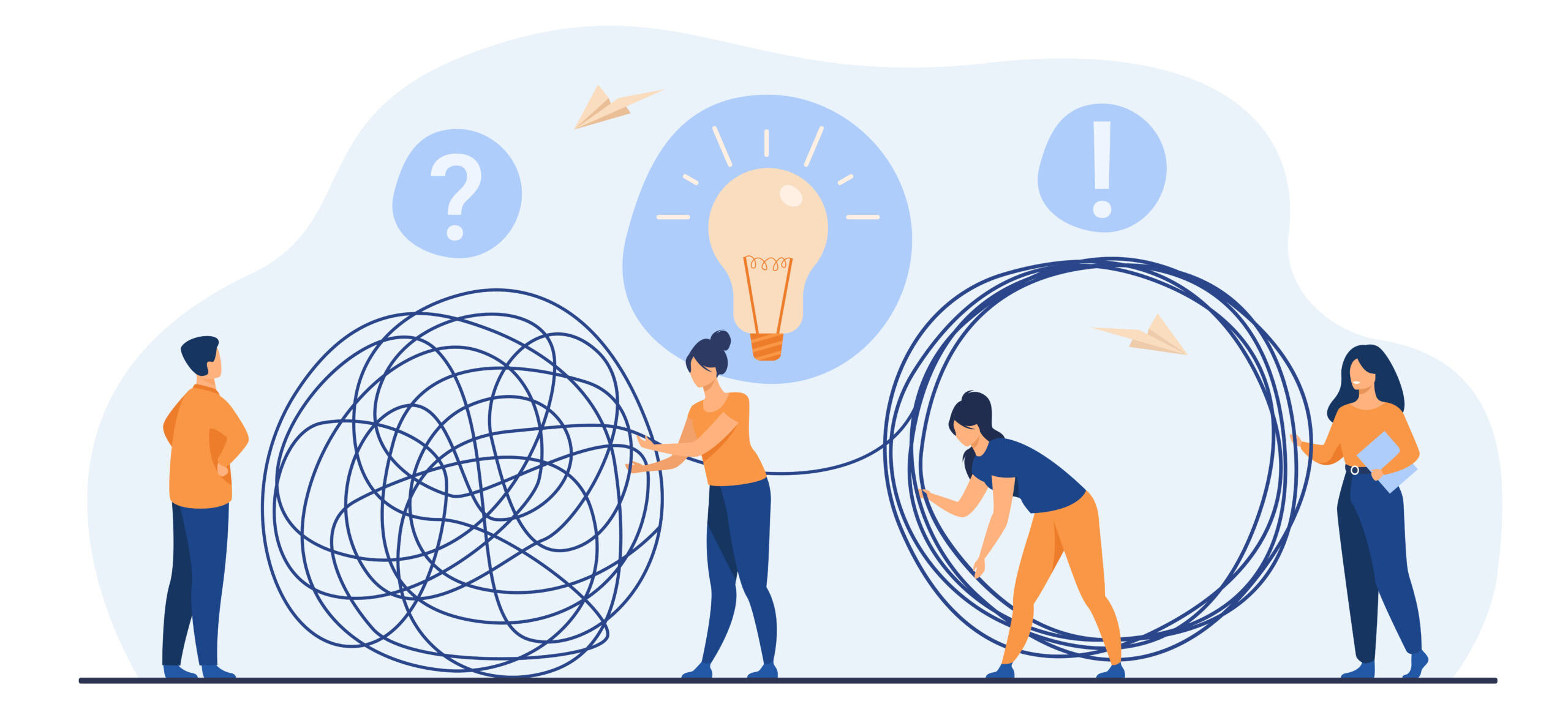 Team Of Crisis Managers Solving Businessman Problems. Employees With Lightbulb Unraveling Tangle. Vector Illustration For Teamwork, Solution, Management Concept
